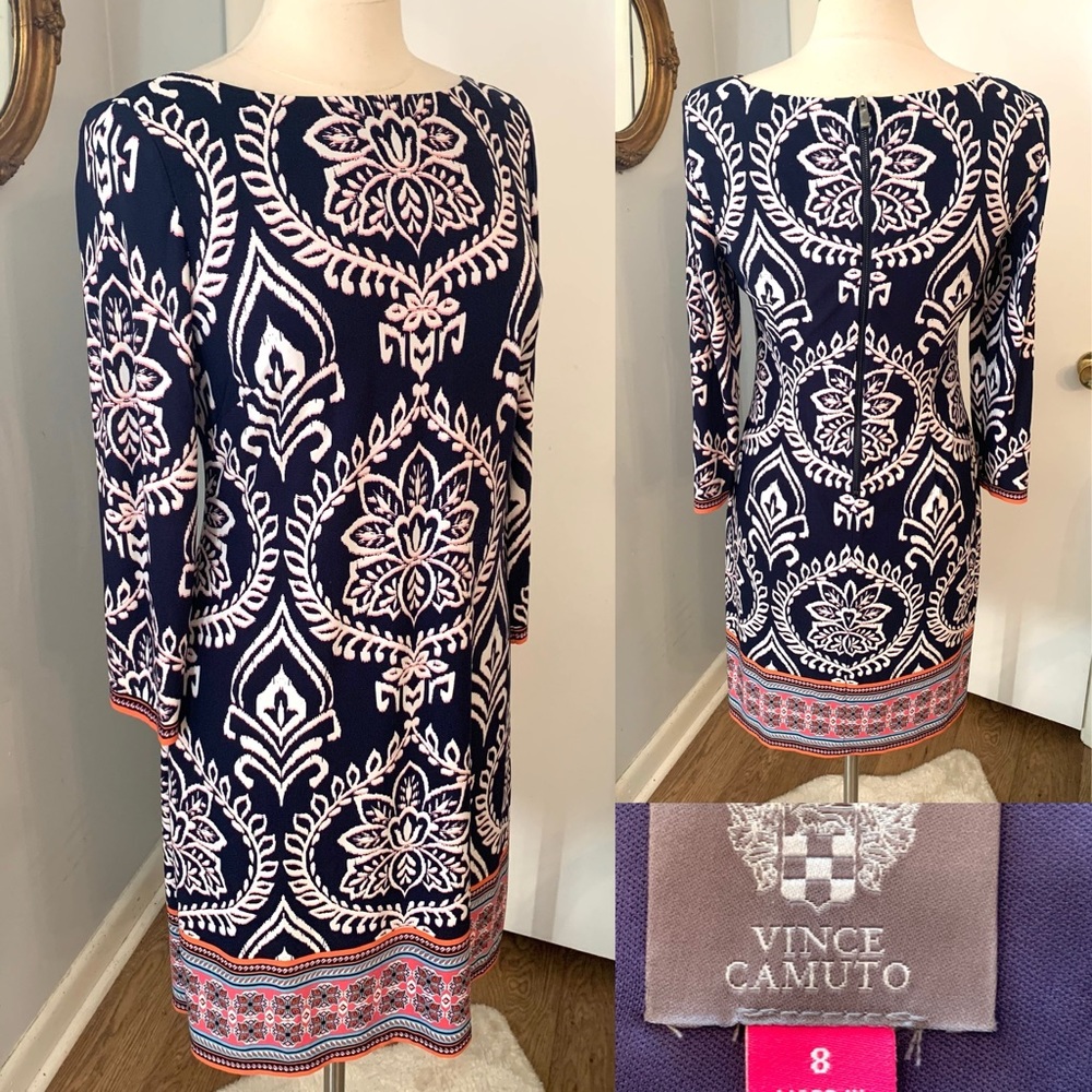 Vince Camuto Navy Ikat Sheath Dress Long sleeve size 8 career Cocktail office